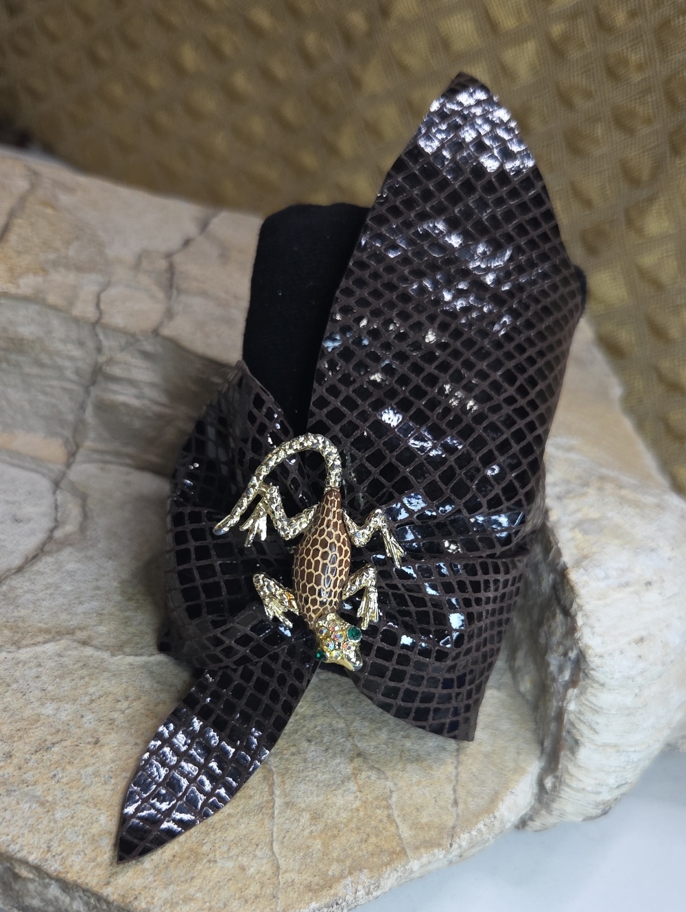 Handmade Artisan Leather Cuff Bracelet With Vintage brooch Lizard